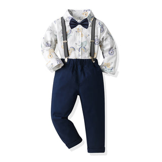 All over printed shirt with pants and suspender and bow tie set