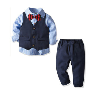 Stripe shirt and waistcoat with solid pants along with bow tie set