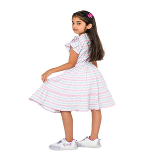 Cute pink striped dress with waist tie for girls