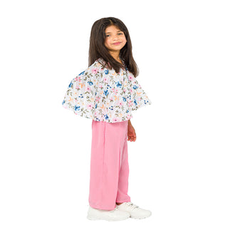 Trendy floral asymmetrical top with pink pleated pants