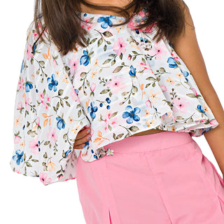 Trendy floral asymmetrical top with pink pleated pants