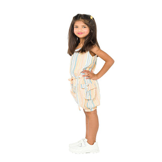 Playful peach striped jumpsuit with tie-waist for girls