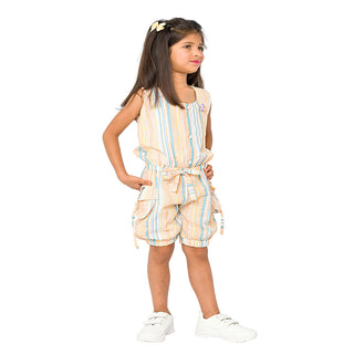 Playful peach striped jumpsuit with tie-waist for girls