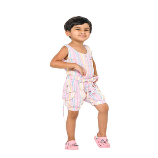 Colorful pink striped jumpsuit with pockets for girls