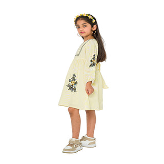 Charming yellow striped dress with embroidery for girls