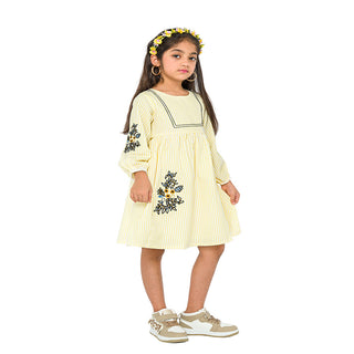 Charming yellow striped dress with embroidery for girls