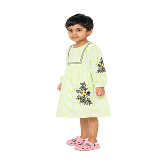 Charming green striped dress with embroidery for girls