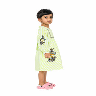 Charming green striped dress with embroidery for girls