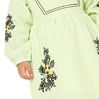 Charming green striped dress with embroidery for girls