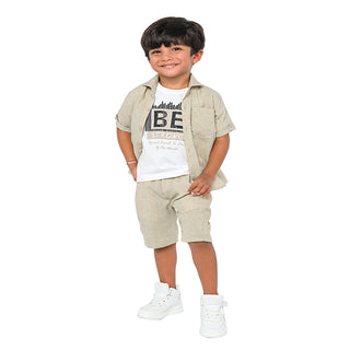 Beige classic three-piece set for boys - shirt, t-shirt, shorts