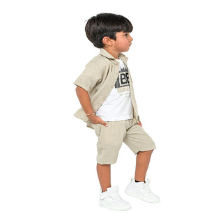 Beige classic three-piece set for boys - shirt, t-shirt, shorts