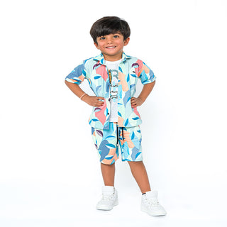 Abstract pattern three-piece set for boys - shirt, t-shirt, shorts