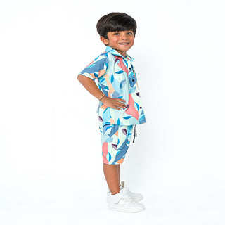 Abstract pattern three-piece set for boys - shirt, t-shirt, shorts