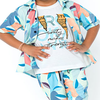 Abstract pattern three-piece set for boys - shirt, t-shirt, shorts