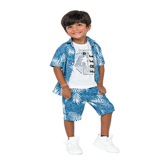 Blue palm print three-piece set for boys - shirt, t-shirt, shorts