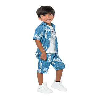 Blue palm print three-piece set for boys - shirt, t-shirt, shorts