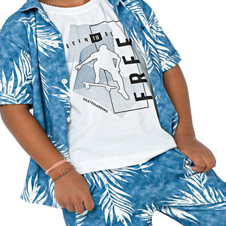 Blue palm print three-piece set for boys - shirt, t-shirt, shorts