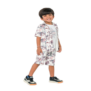 Monochrome abstract print three-piece set for boys - shirt, t-shirt, shorts