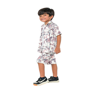 Monochrome abstract print three-piece set for boys - shirt, t-shirt, shorts