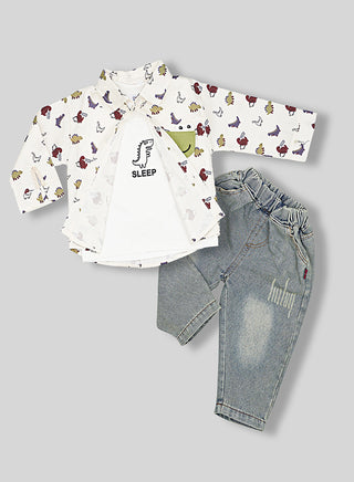 Dinosaur Shirt With White Tee and Denim Set