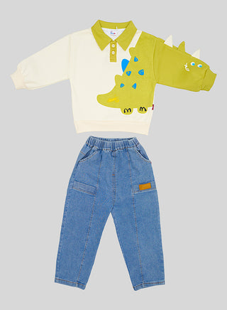 Green Dino Printed Sweatshirt With Jeans