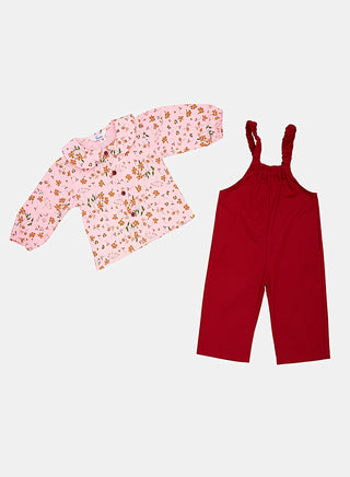 Floral Pink Top With Red Dungaree Set