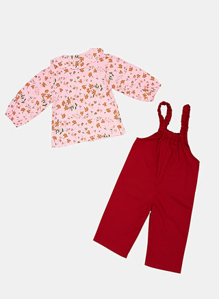 Floral Pink Top With Red Dungaree Set