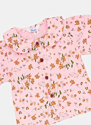 Floral Pink Top With Red Dungaree Set