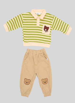 Green Striped Bear Tee With Corduroy Pants