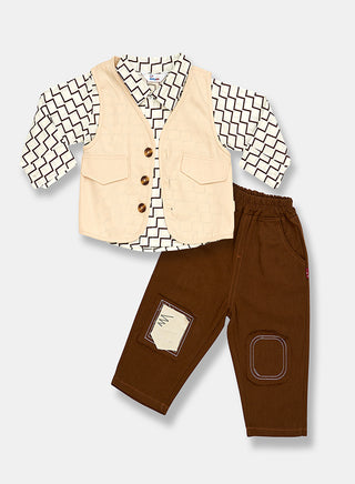 Brown Geometric Shirt With Cream Waistcoat Set