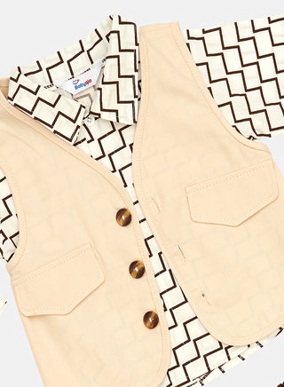 Brown Geometric Shirt With Cream Waistcoat Set