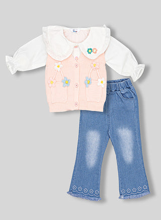 Pastel Floral Knit Vest With Bell Jeans