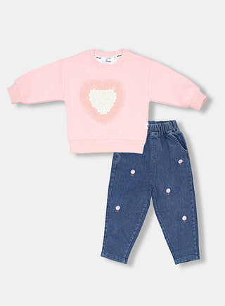 Pink Heart Sweatshirt With Embroidered Jeans