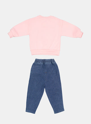 Pink Heart Sweatshirt With Embroidered Jeans