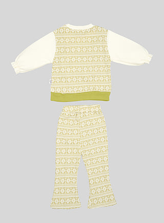 Green Ethnic Print Bow Co-ord Set For Girls