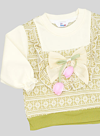 Green Ethnic Print Bow Co-ord Set For Girls