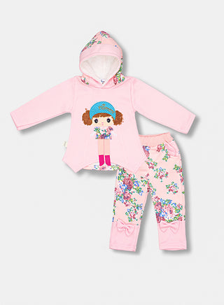 Pink Hooded Floral Doll Print Outfit Set