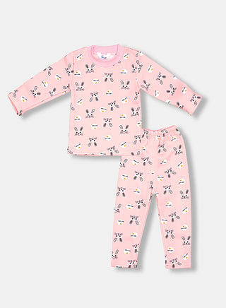 Pink Bunny Print Pajama Set For Girls