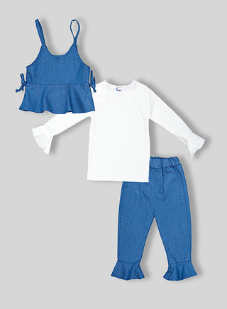 Denim Frill Pants With White Full Sleeve Top