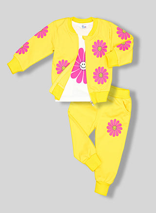 Yellow Daisy Print Tracksuit Set For Girls