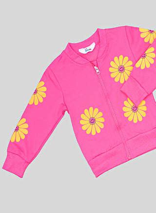 Pink Smiley Daisy Print Tracksuit For Girls