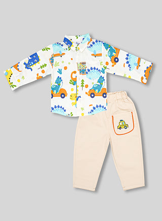 Multicolor Dino Print Shirt With Beige Pants