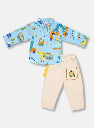 Blue Dino Print Shirt And Beige Pant Set