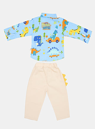 Blue Dino Print Shirt And Beige Pant Set