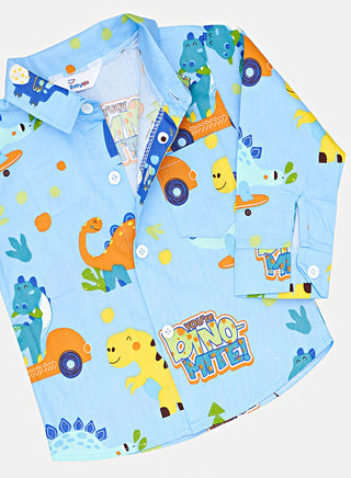 Blue Dino Print Shirt And Beige Pant Set