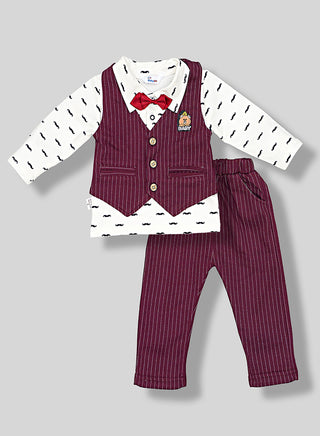Burgundy Striped Waistcoat Outfit With Bow Tie