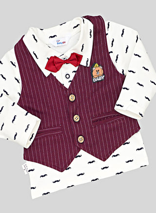 Burgundy Striped Waistcoat Outfit With Bow Tie
