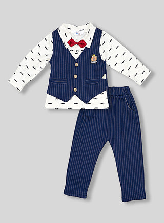 Navy Striped Waistcoat Set With Red Bow Tie