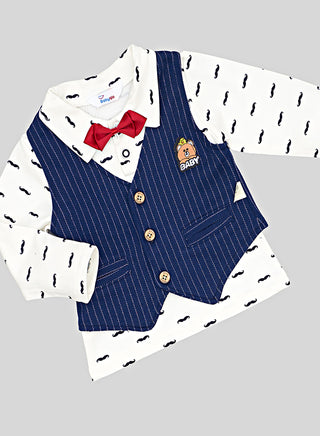 Navy Striped Waistcoat Set With Red Bow Tie