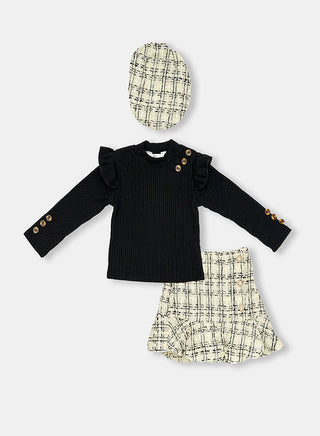 Chic Black Top With Skirt And Beret Set